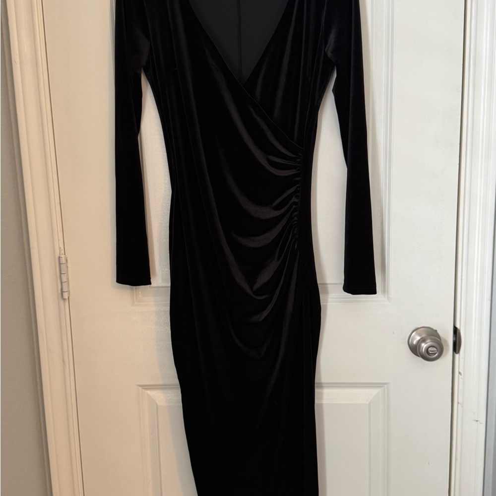 Black Ruched Wrap Maxi Dress with Long Sleeves and Plunge Neckline